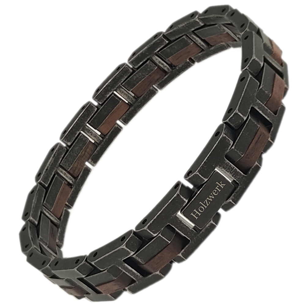 Holzwerk ALLERSEE anthrazit-braunes Holz Armband aus Walnussholz und Edelstahl mit Gliederkonstruktion Schrägansicht
