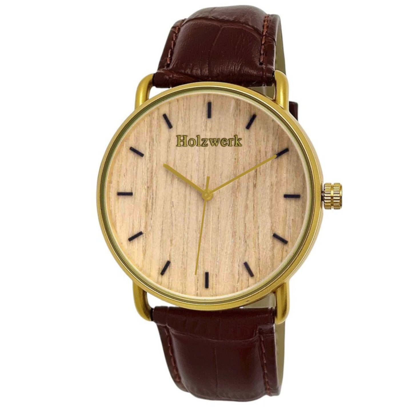 Holzwerk BRAMSTEDT moderne Leder & Edelstahl Holz Uhr, gold, braun, Hauptbild