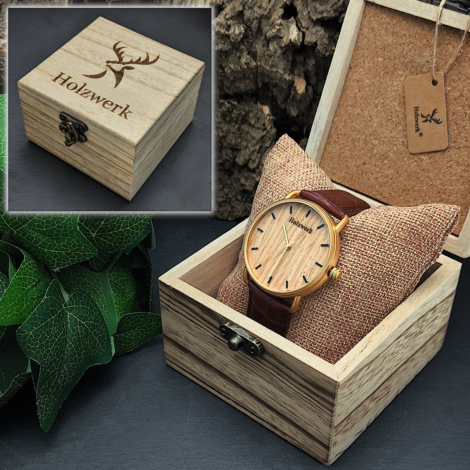 Holzwerk BRAMSTEDT moderne Leder & Edelstahl Holz Uhr, gold, braun, Uhrenbox