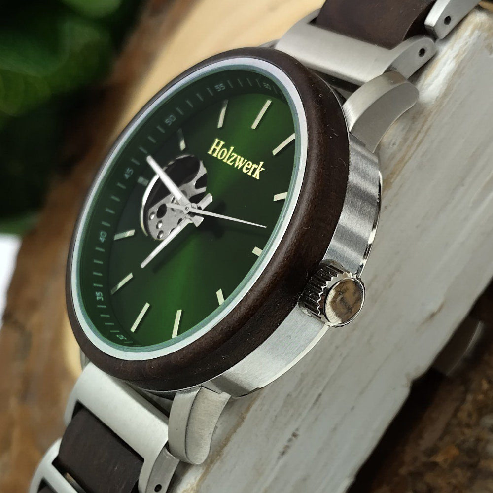 Holzwerk Men's Mechanical Automatic Wooden Watch Silver Brown Green