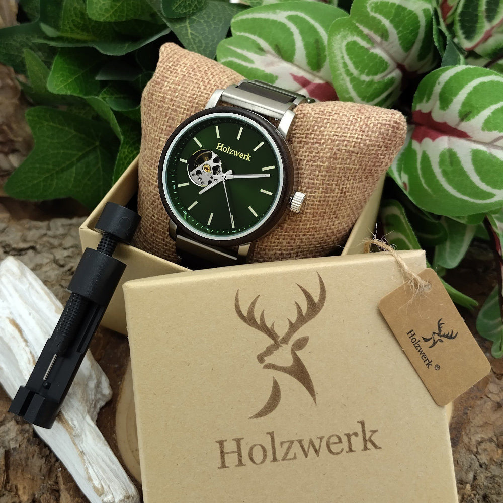 Holzwerk Men's Mechanical Automatic Wooden Watch Silver Brown Green