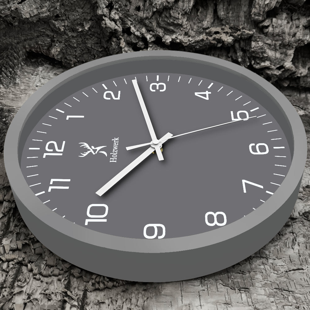 Holzwerk FRIEDBERG Designer Holz Wanduhr ohne Tick-Geräusche, Moderne Loft Stil Quarz Wand Uhr, 30 cm Durchmesser, grau, weiß, links liegend