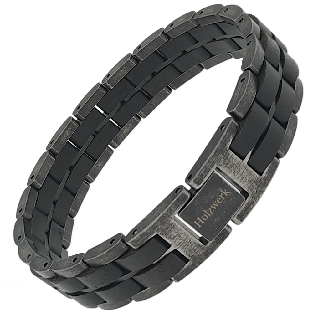 Holzwerk GAMENSEE anthrazit-graues Holz Armband aus Ebonyholz und Edelstahl mit Gliederkonstruktion Schrägansicht