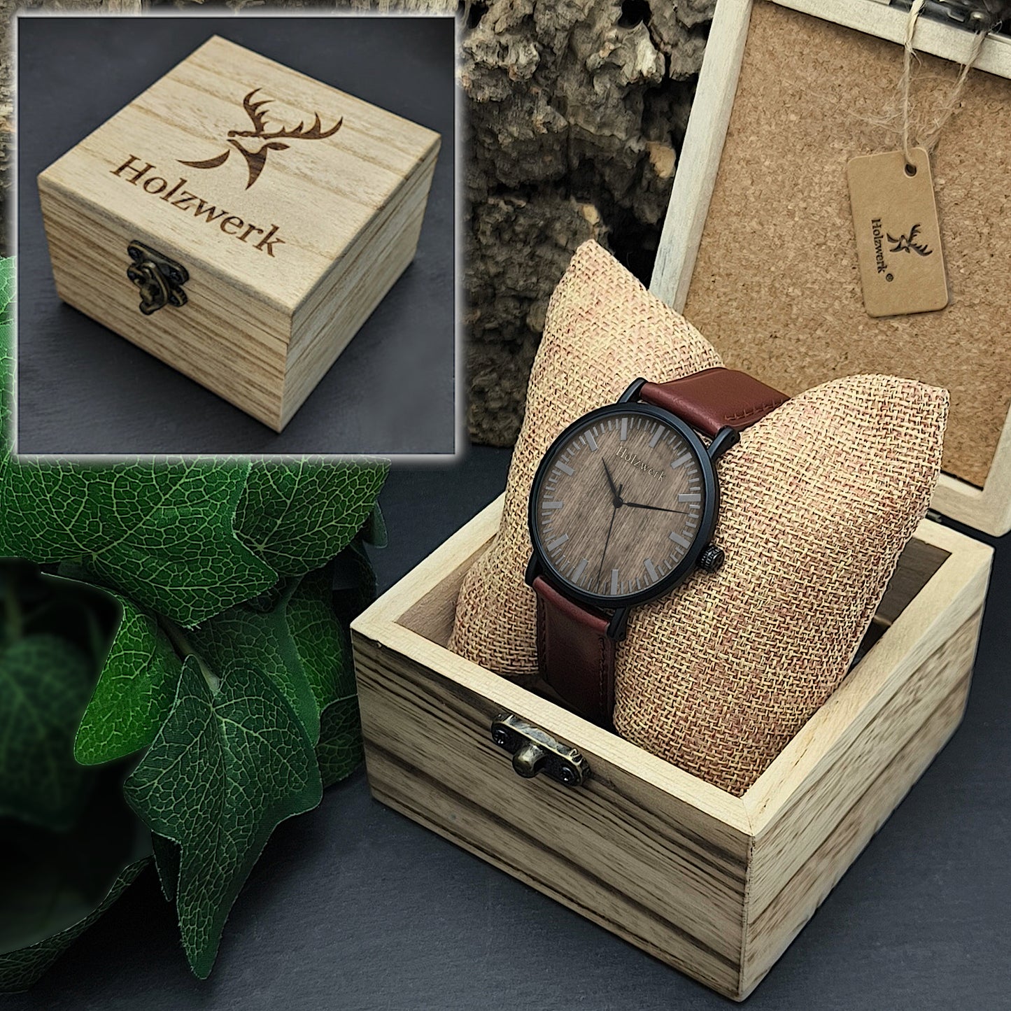 Holzwerk HAGEN Damen & Herren flache Leder & Holz Uhr, braun, schwarz, Uhrenbox