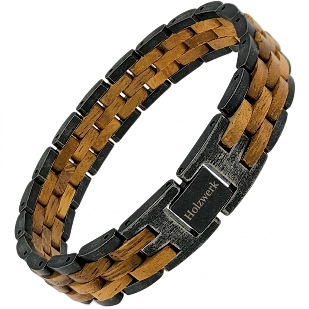 Holzwerk HALENSEE anthrazit-braunes Holz Armband aus Walnussholz und Edelstahl mit Gliederkonstruktion Schrägansicht