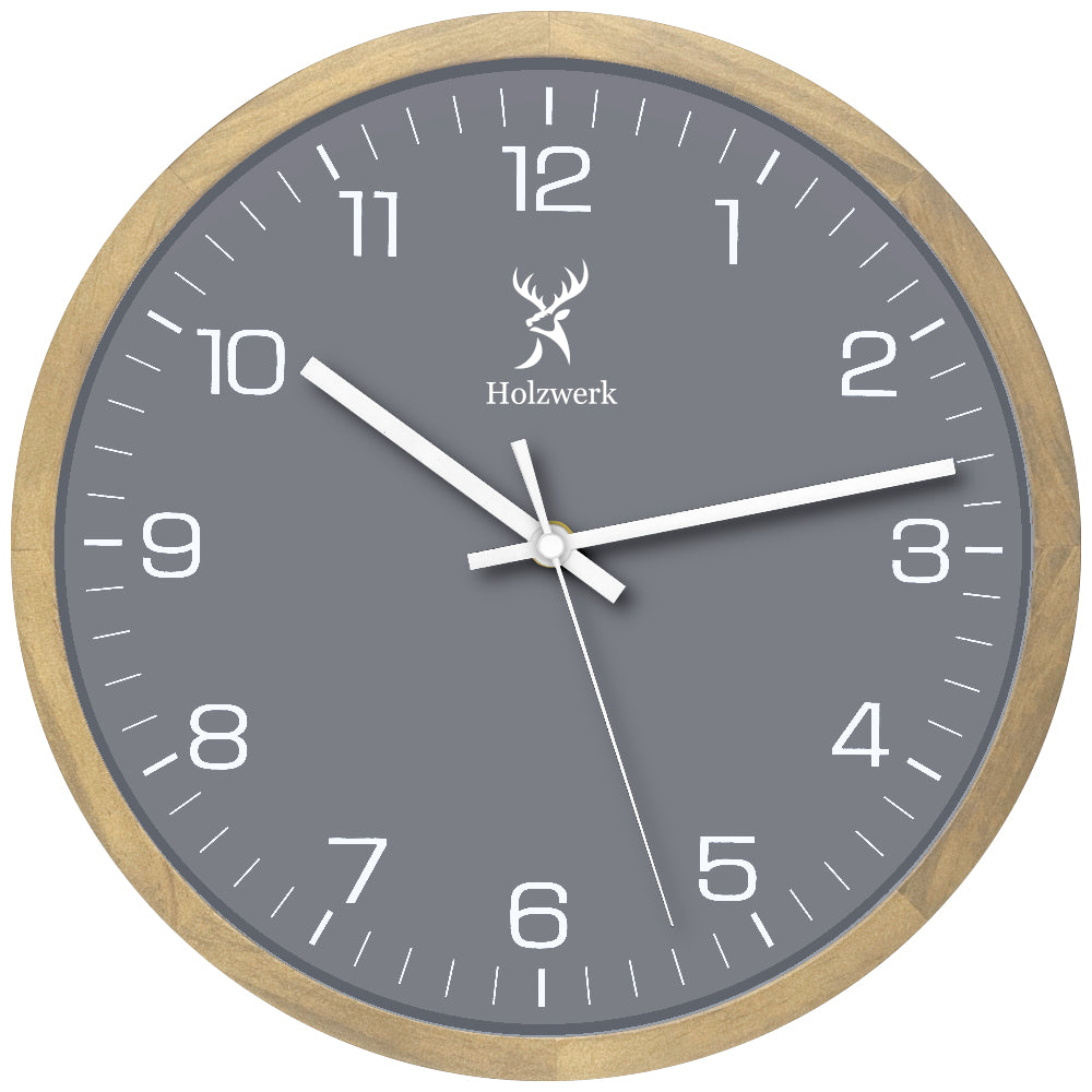 Holzwerk HARBURG Designer Holz Wanduhr ohne Tick-Geräusche, Moderne Loft Stil Quarz Wand Uhr, 30 cm Durchmesser, beige, grau, weiß, Hauptbild
