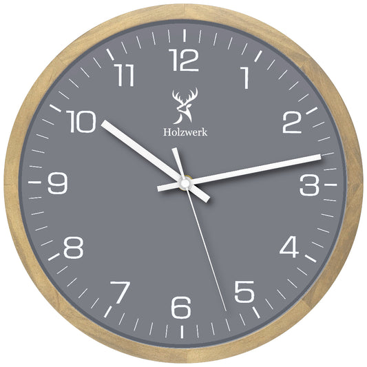 Holzwerk HARBURG Designer Holz Wanduhr ohne Tick-Geräusche, Moderne Loft Stil Quarz Wand Uhr, 30 cm Durchmesser, beige, grau, weiß, Hauptbild
