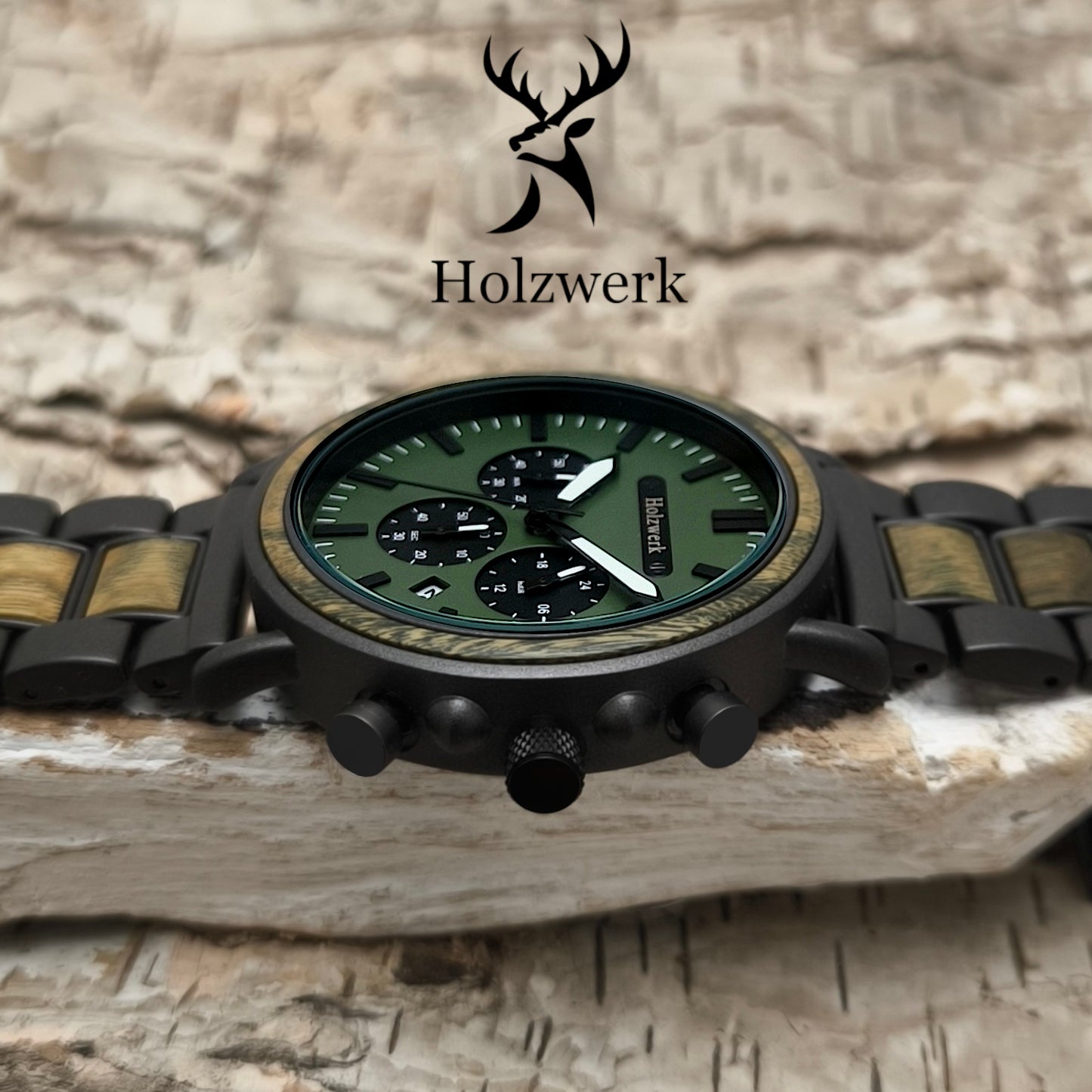 Holzwerk HERSBRUCK Holz Uhr Chronograph mit Datum, Grau, Oliv Gruen, seitlich liegend