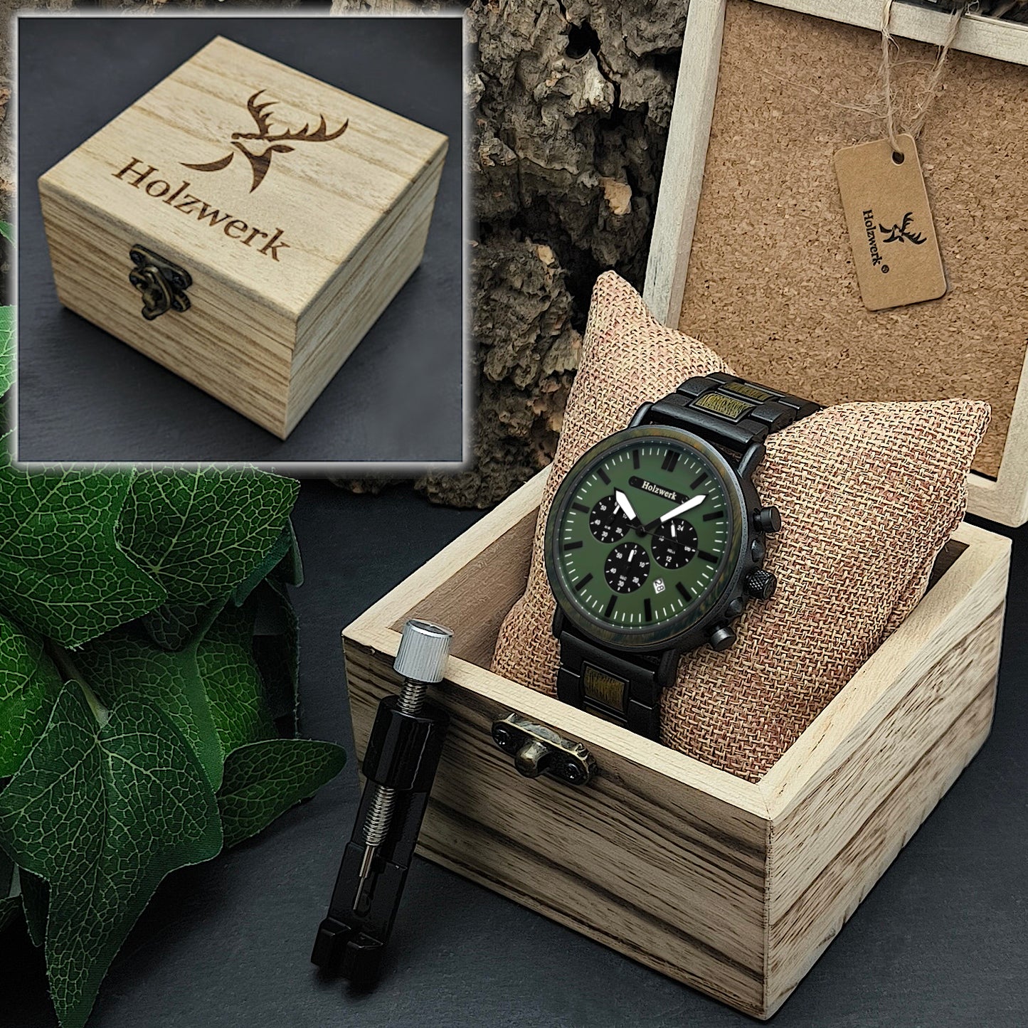 Holzwerk HERSBRUCK Holz Uhr Chronograph mit Datum, Grau, Oliv Gruen, Uhrenbox