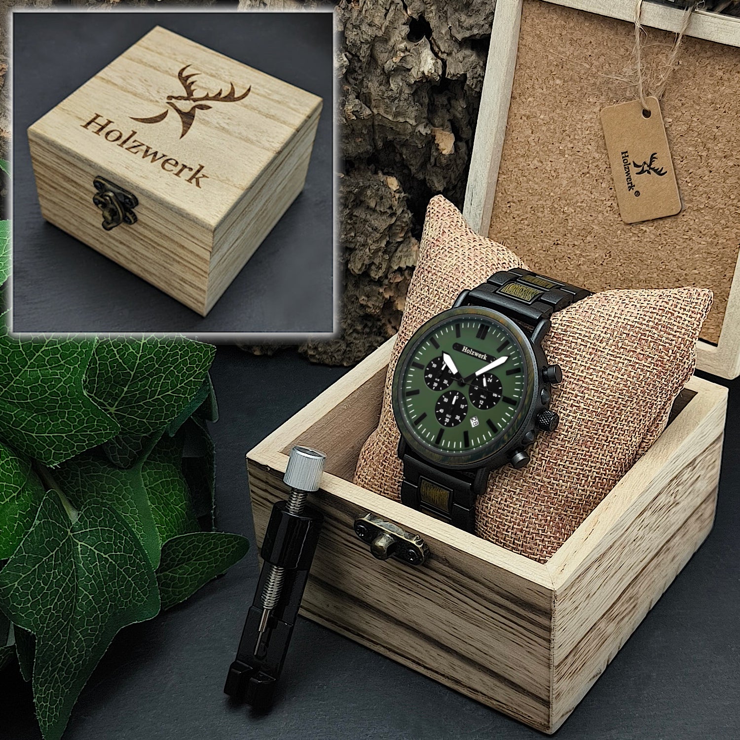 Holzwerk HERSBRUCK Holz Uhr Chronograph mit Datum, Grau, Oliv Gruen, Uhrenbox