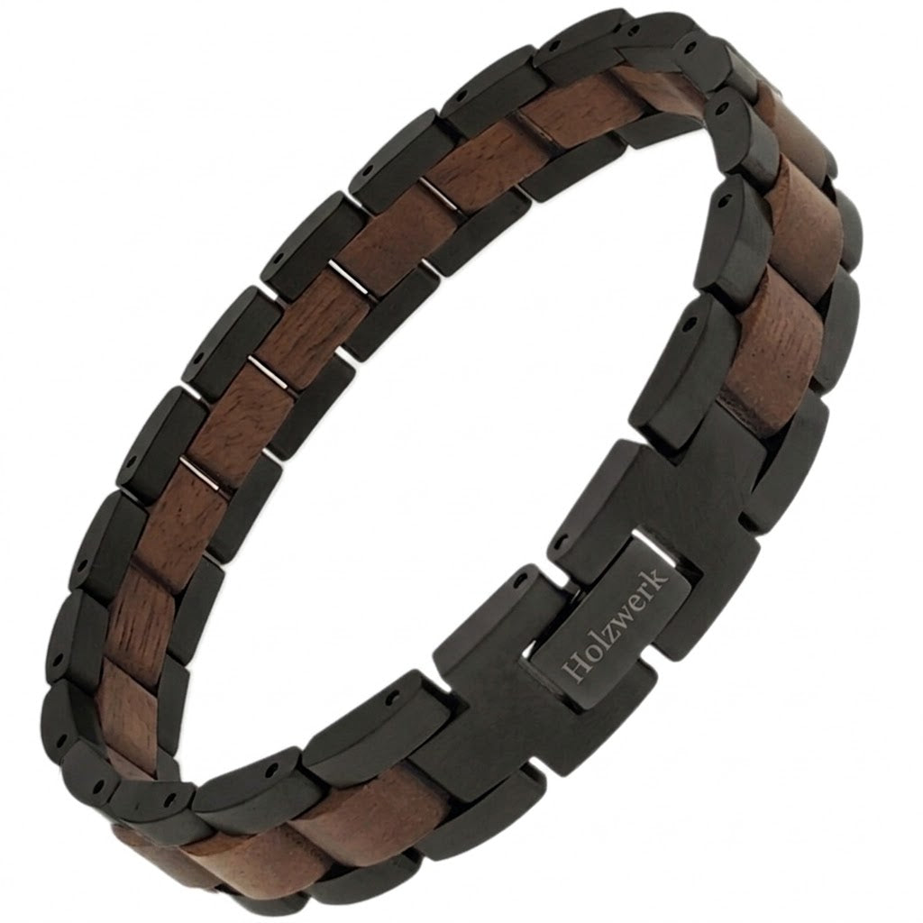 Holzwerk JUESSEE schwarz-braunes Holz Armband aus Walnussholz und Edelstahl mit Gliederkonstruktion Schrägansicht