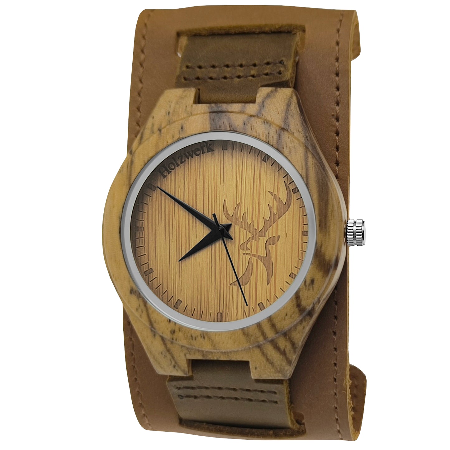 Holzwerk KEMBERG breite Damen und Herren Holz Armband Uhr mit Hirsch Logo, moderne Leder Armbanduhr, Designer Uhr in braun, beige, Hauptbild