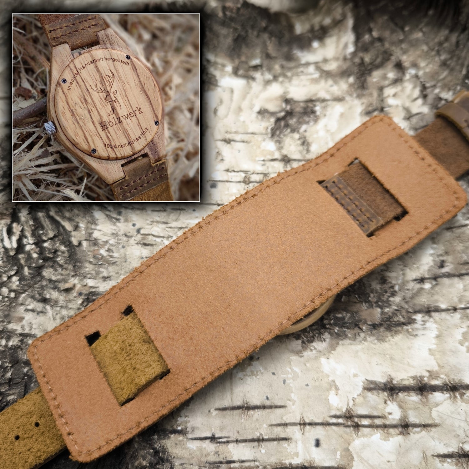Holzwerk KEMBERG breite Damen und Herren Holz Armband Uhr mit Hirsch Logo, moderne Leder Armbanduhr, Designer Uhr in braun, beige, Gehäuseboden