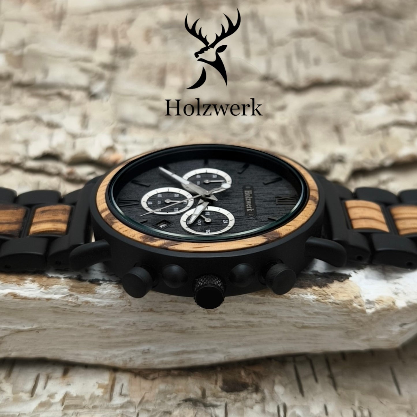 Holzwerk KERPEN Holz Uhr Chronograph mit Datum, schwarz, beige, seitlich liegend