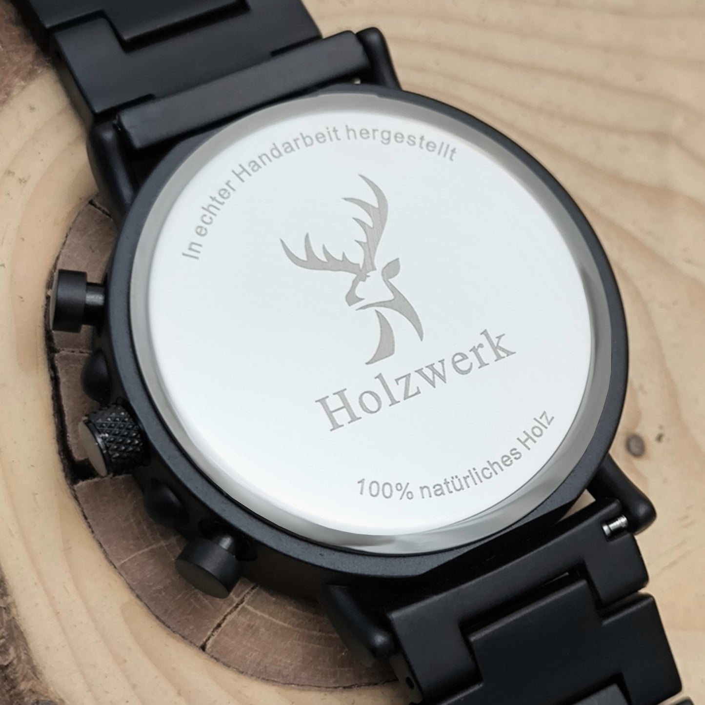 Holzwerk KERPEN Holz Uhr Chronograph mit Datum, schwarz, beige, Gehäuseboden