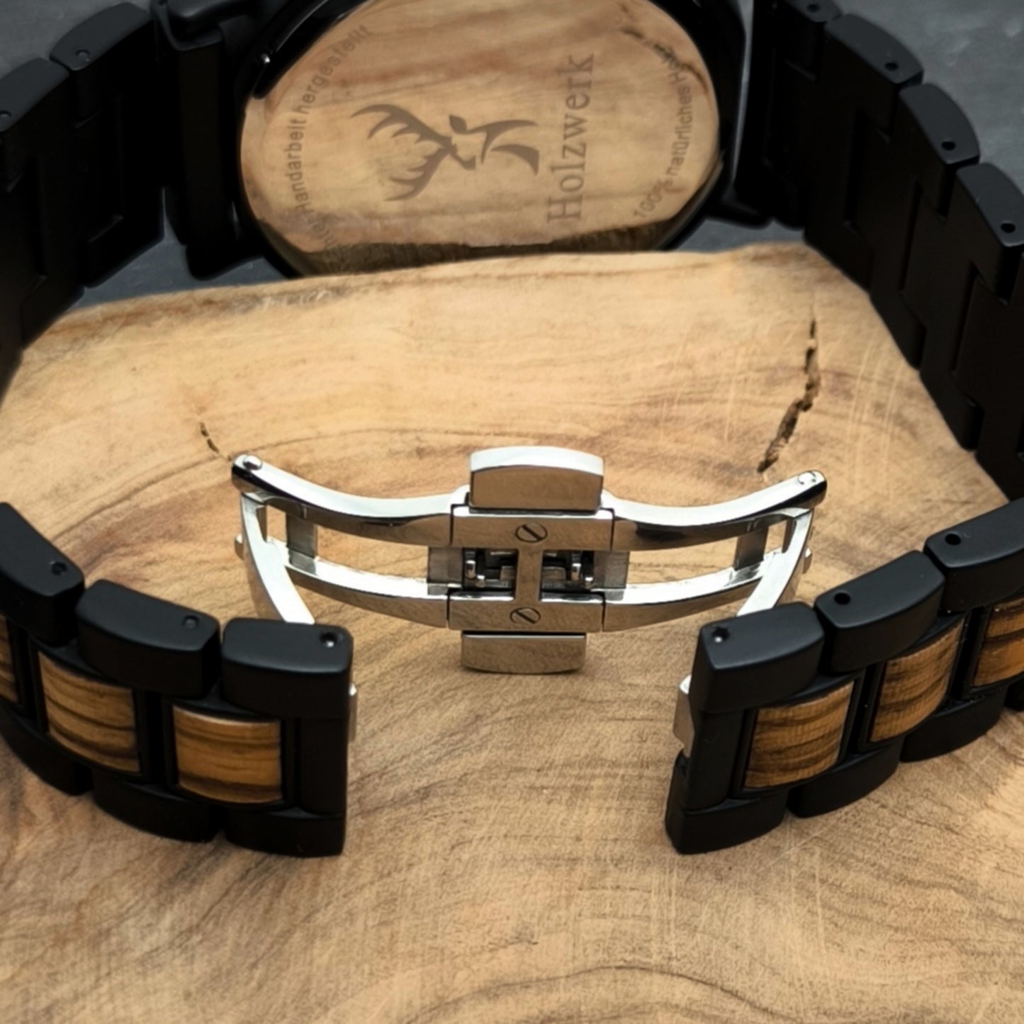 Holzwerk KERPEN Holz Uhr Chronograph mit Datum, schwarz, beige, Armband