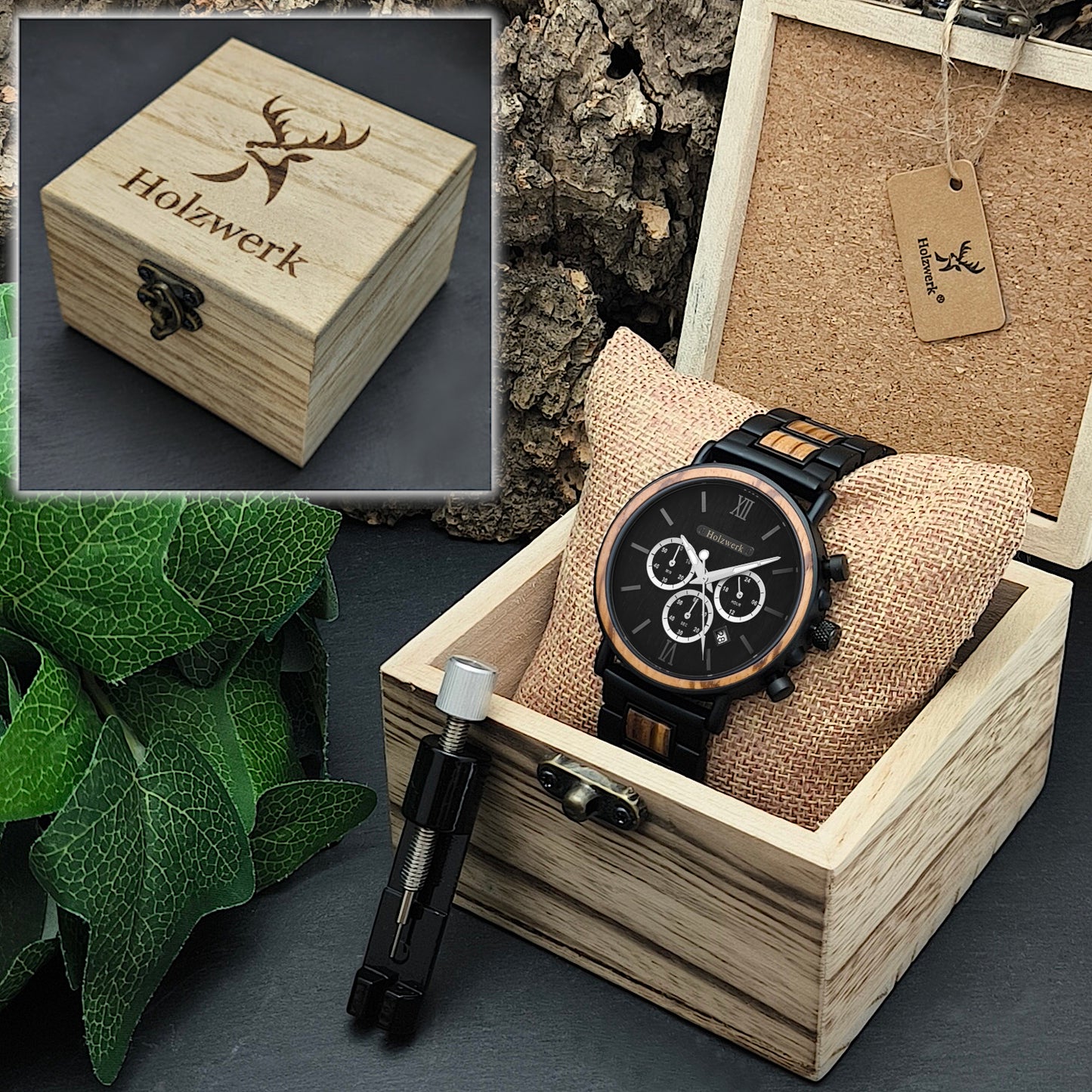 Holzwerk KERPEN Holz Uhr Chronograph mit Datum, schwarz, beige, Uhrenbox