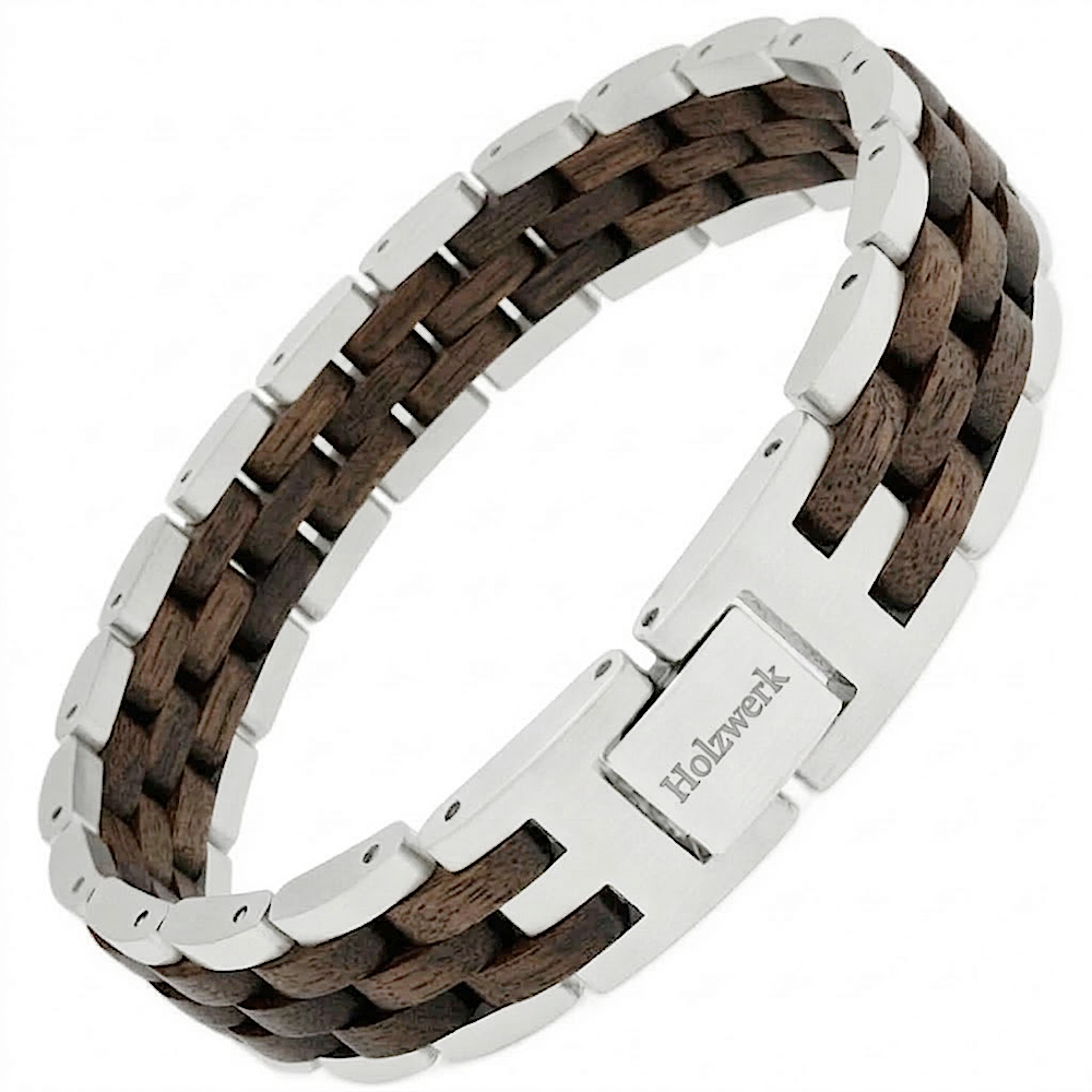 Holzwerk KRAICHSEE silber-braunes Holz Armband aus Walnussholz und Edelstahl mit Gliederkonstruktion Schrägansicht