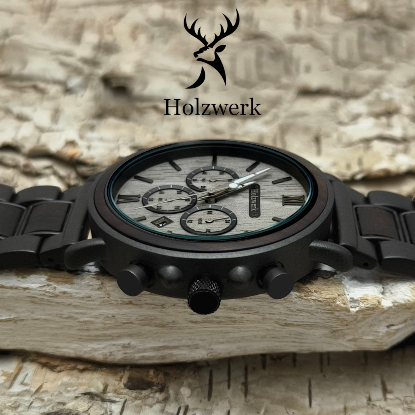 Holzwerk LAHSTEIN Holz Uhr Chronograph mit Datum, grau, schwarz, seitlich liegend