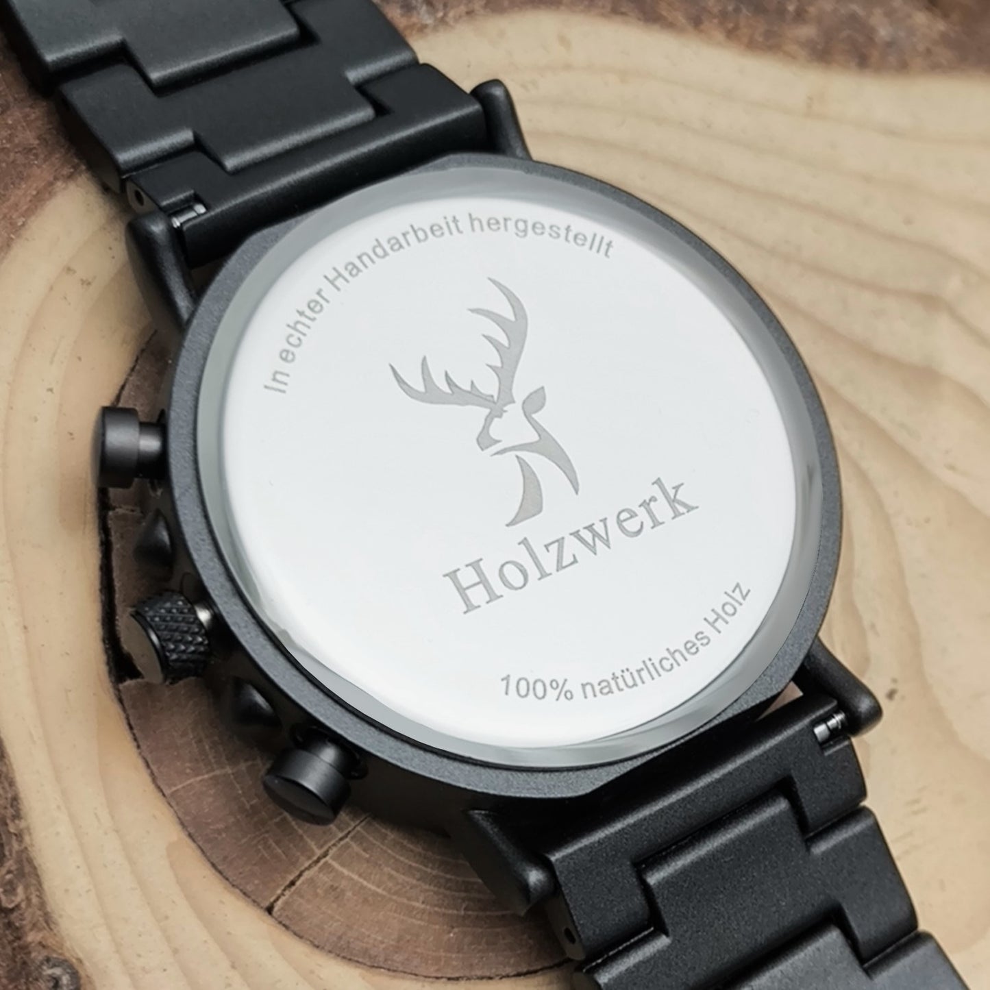 Holzwerk LAHSTEIN Holz Uhr Chronograph mit Datum, grau, schwarz, Gehäuseboden