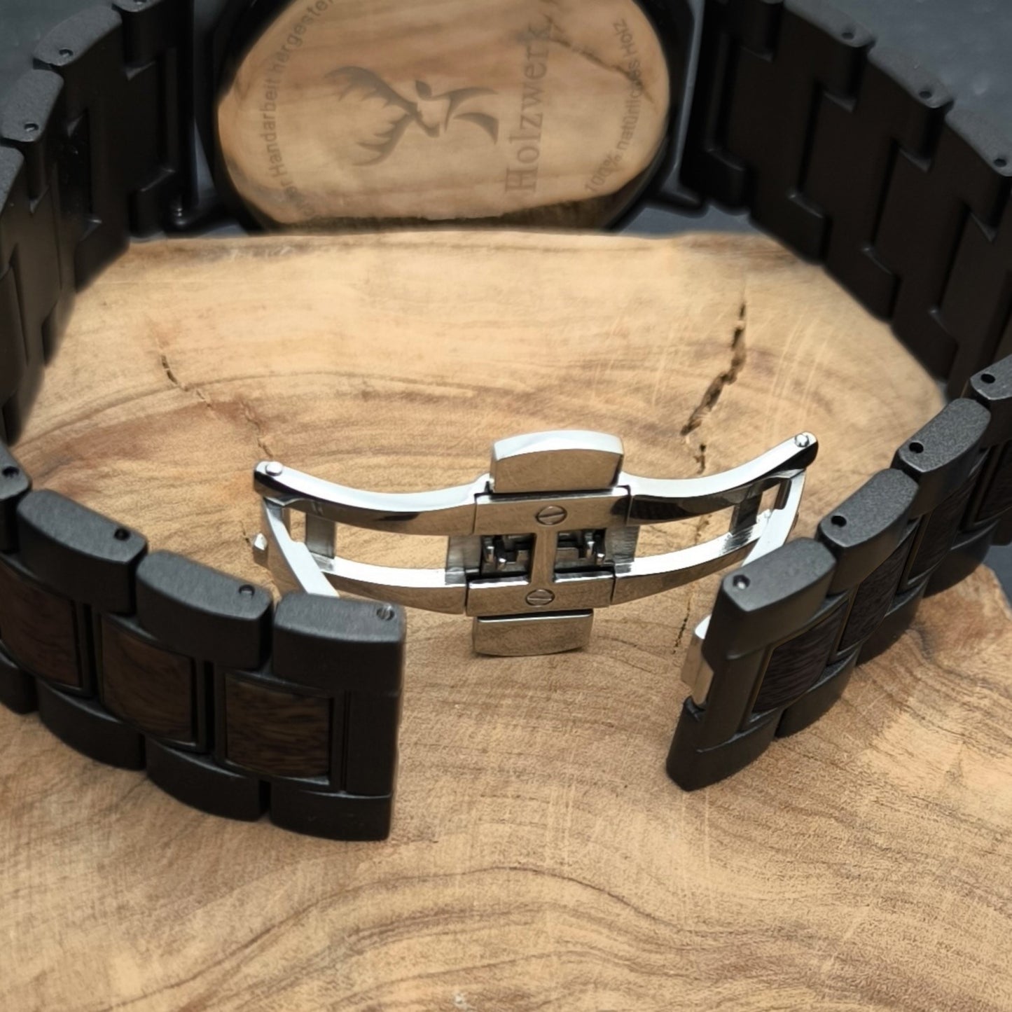 Holzwerk LAHSTEIN Holz Uhr Chronograph mit Datum, grau, schwarz, Armband