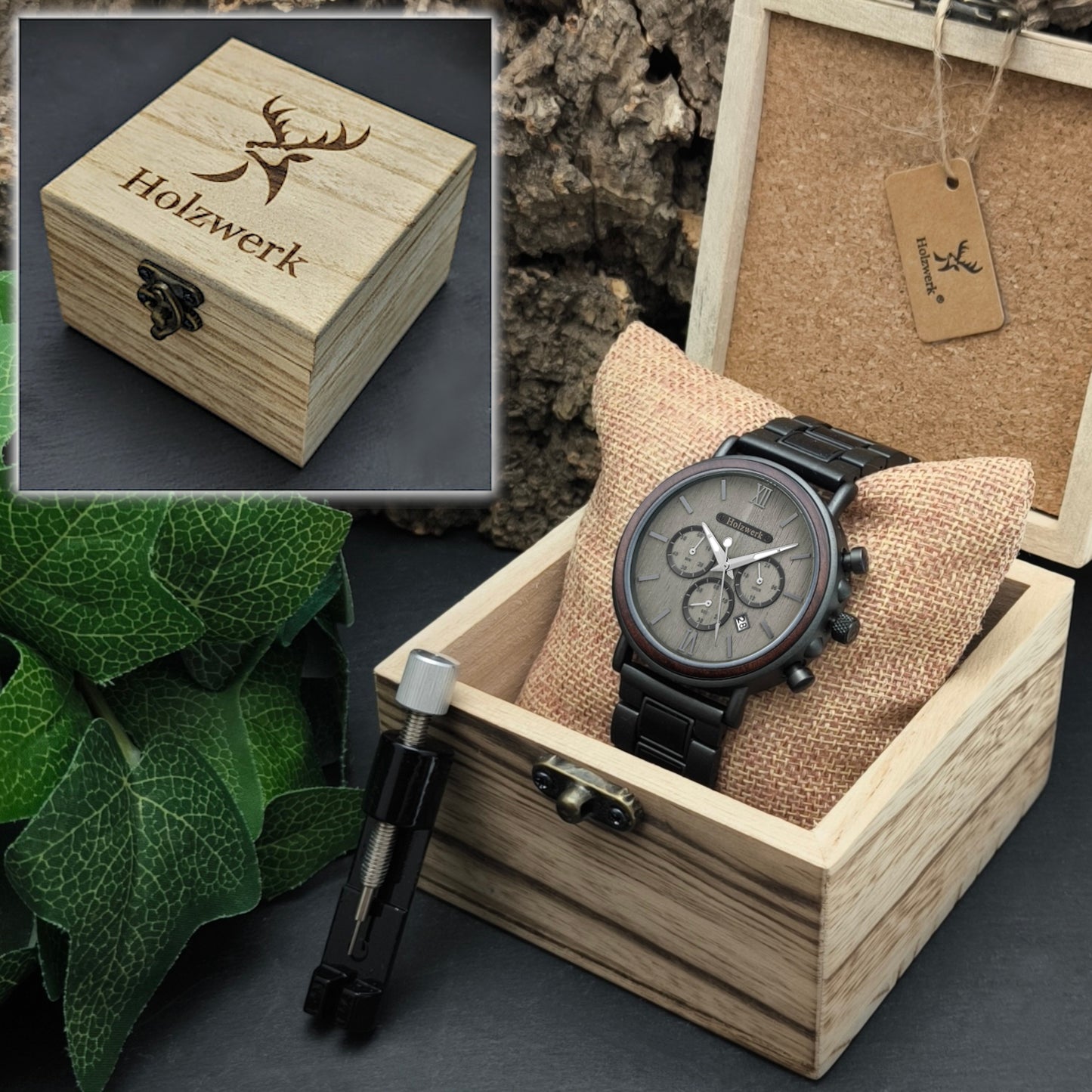 Holzwerk LAHSTEIN Holz Uhr Chronograph mit Datum, grau, schwarz, Uhrenbox