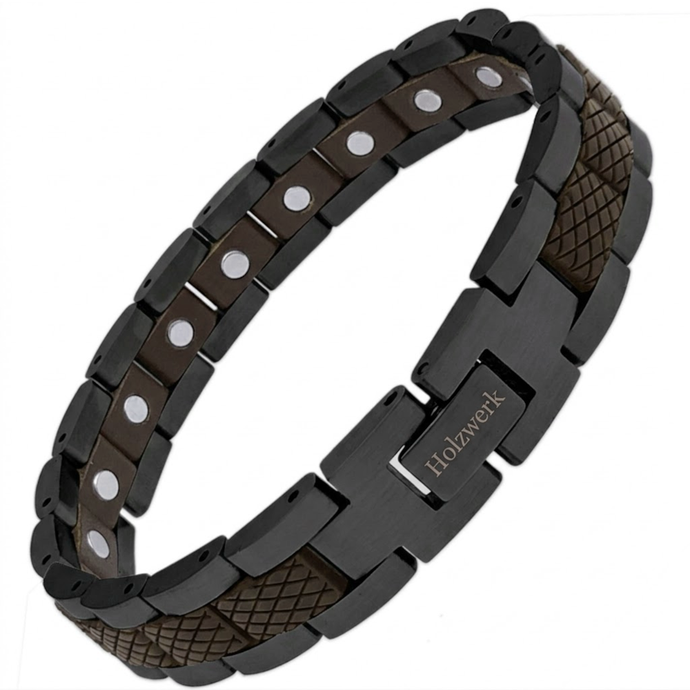 Holzwerk LANGESEE schwarz-braunes Holz Armband aus Walnussholz und Edelstahl mit Gliederkonstruktion Schrägansicht