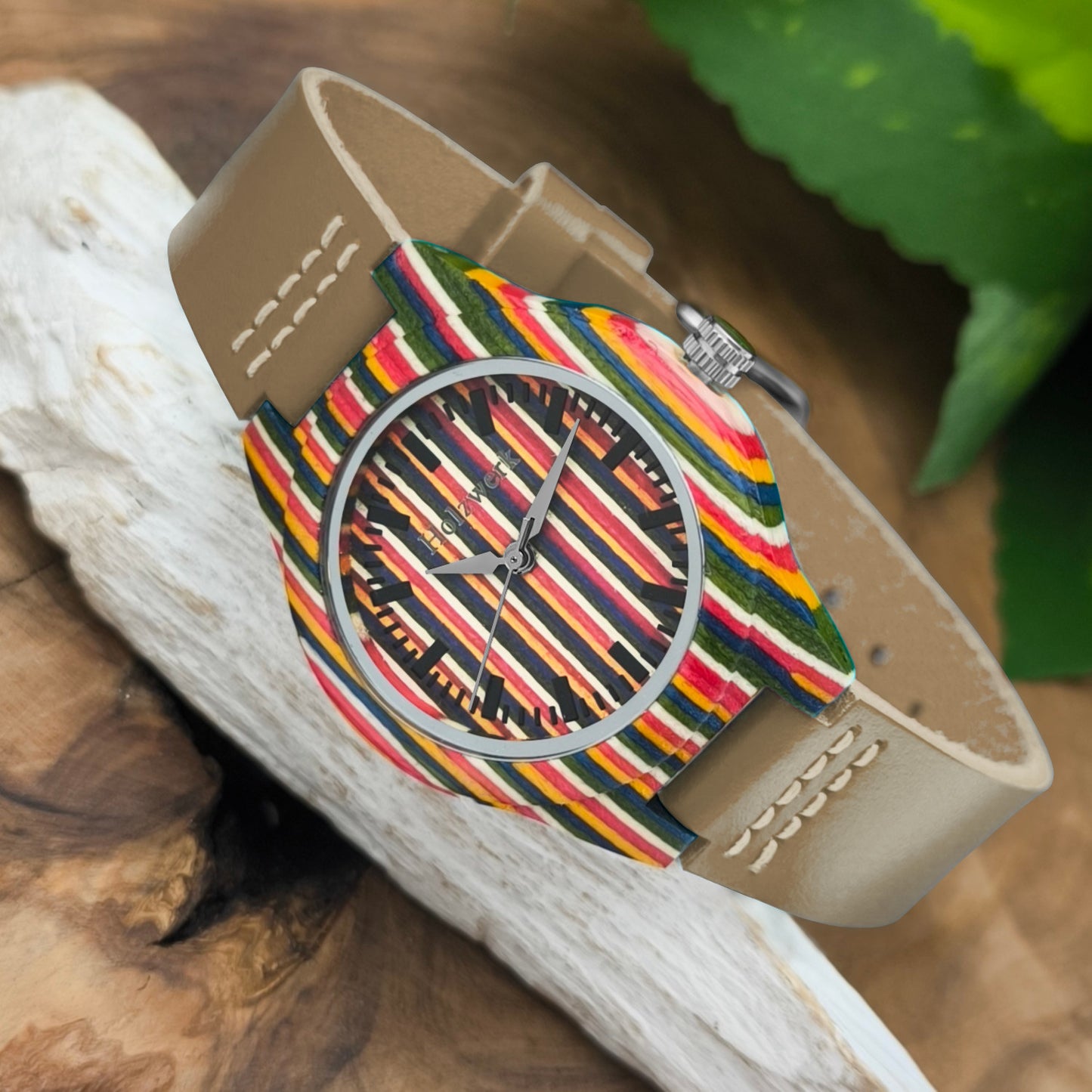 Holzwerk LINZ BROWN bunte kleine Regenbogen Damen und Kinder Armbanduhr, Holz & Leder Armband Uhr, LGBTQ Uhr, modische Holzuhr, braun, links liegend
