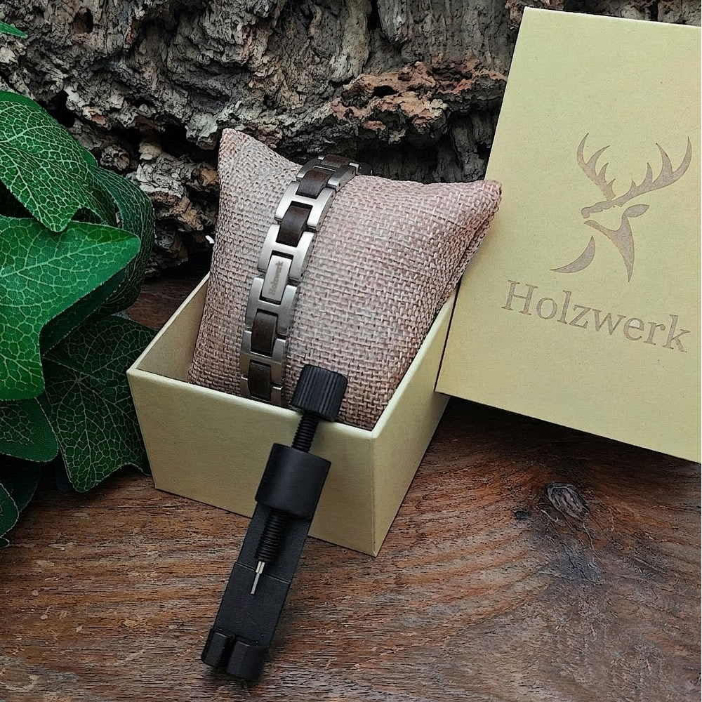 Holzwerk SILBERSEE silber-braunes Holz Armband aus Zebraholz und Edelstahl in Holzwerk Verpackung mit Armbandkürzer