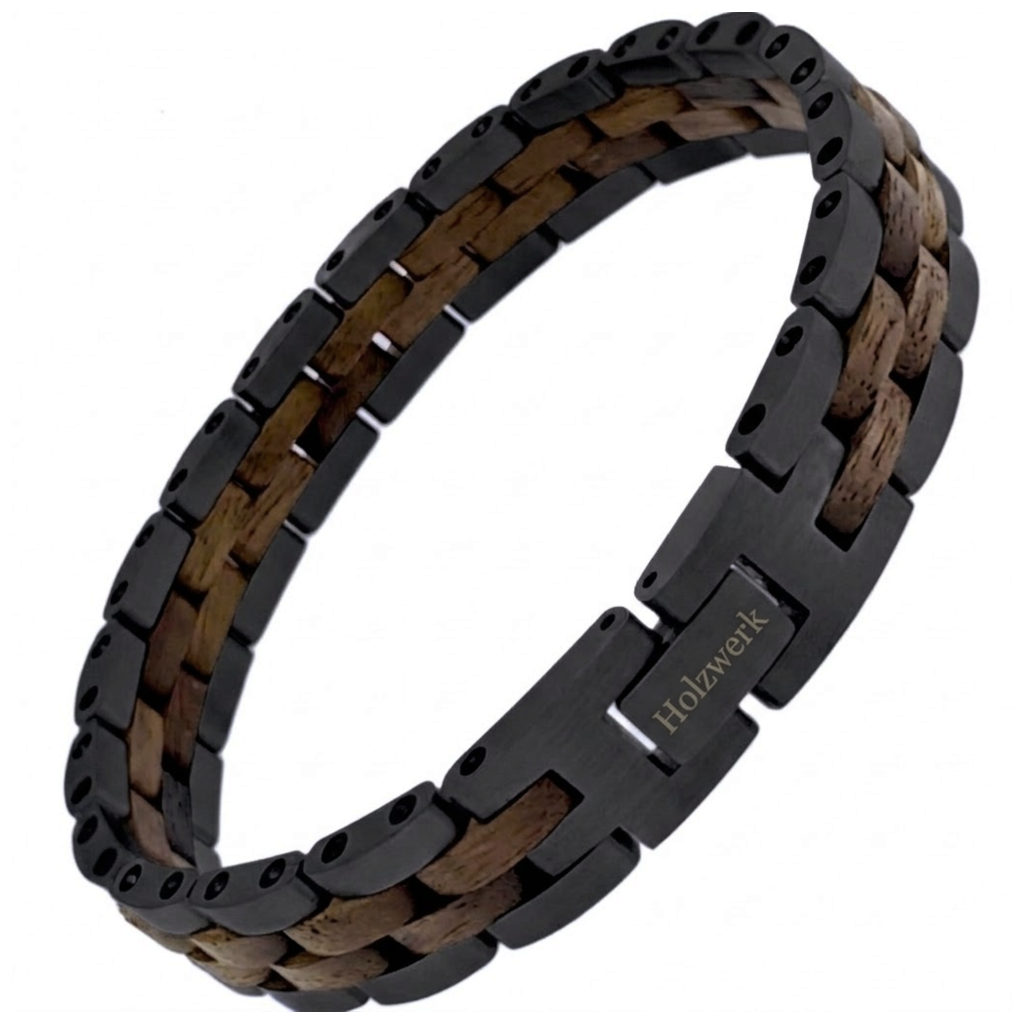 Holzwerk TREIBSEE schwarz-braunes Holz Armband aus Walnussholz und Edelstahl mit Gliederkonstruktion Schrägansicht