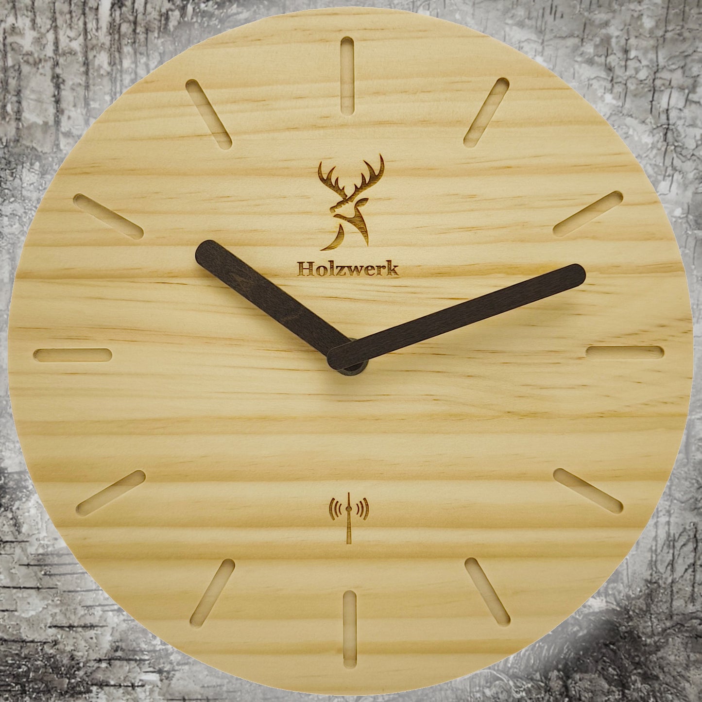 Holzwerk WARBURG Holz Funkwanduhr, moderne Designer Quarz Wanduhr, 25 cm Holz Funk Wand Uhr lautlos ohne Tick Geräusche, beige, braun, von vorne