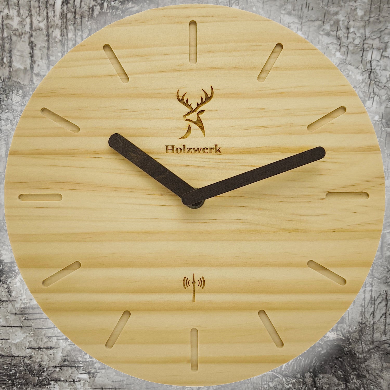 Holzwerk WARBURG Holz Funkwanduhr, moderne Designer Quarz Wanduhr, 25 cm Holz Funk Wand Uhr lautlos ohne Tick Geräusche, beige, braun, von vorne