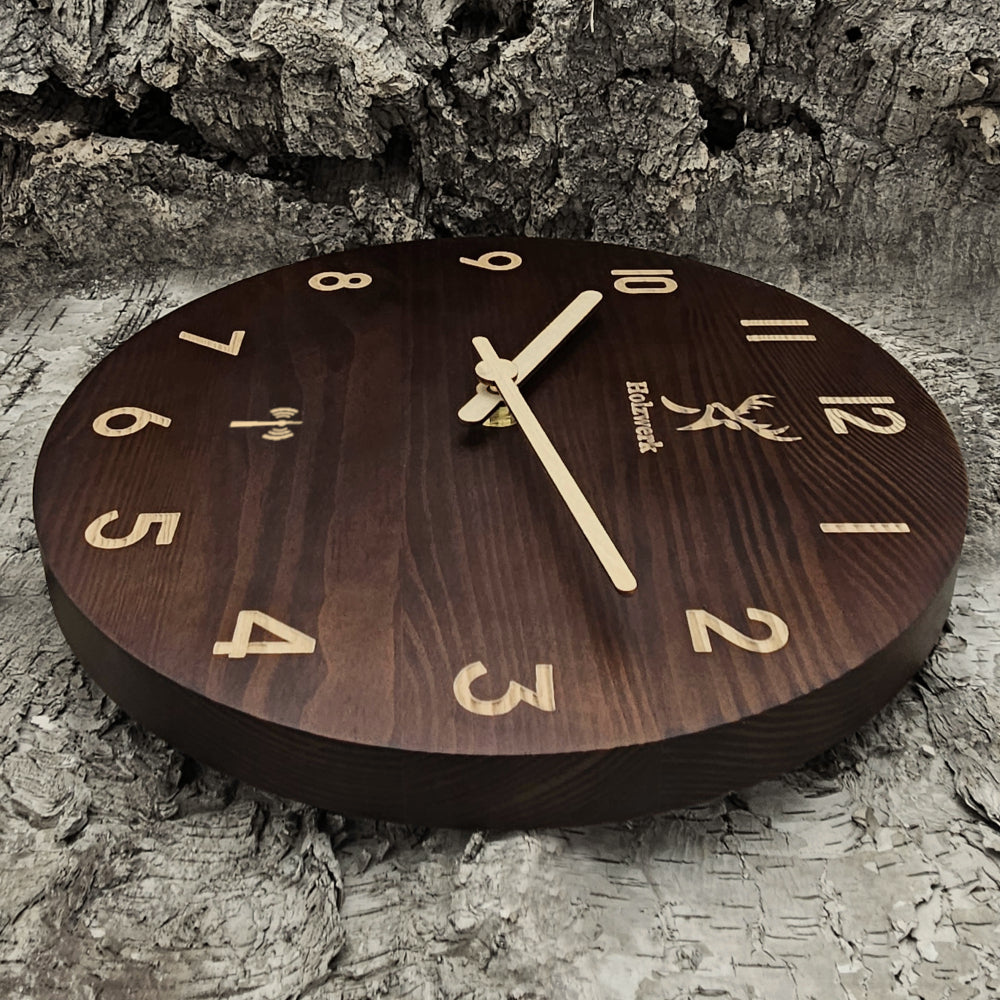 Holzwerk WINTERBERG Holz Funkwanduhr, moderne Designer Quarz Wanduhr, 25 cm Holz Funk Wand Uhr lautlos ohne Tick Geräusche, braun, beige, Hauptbild, rechts liegend