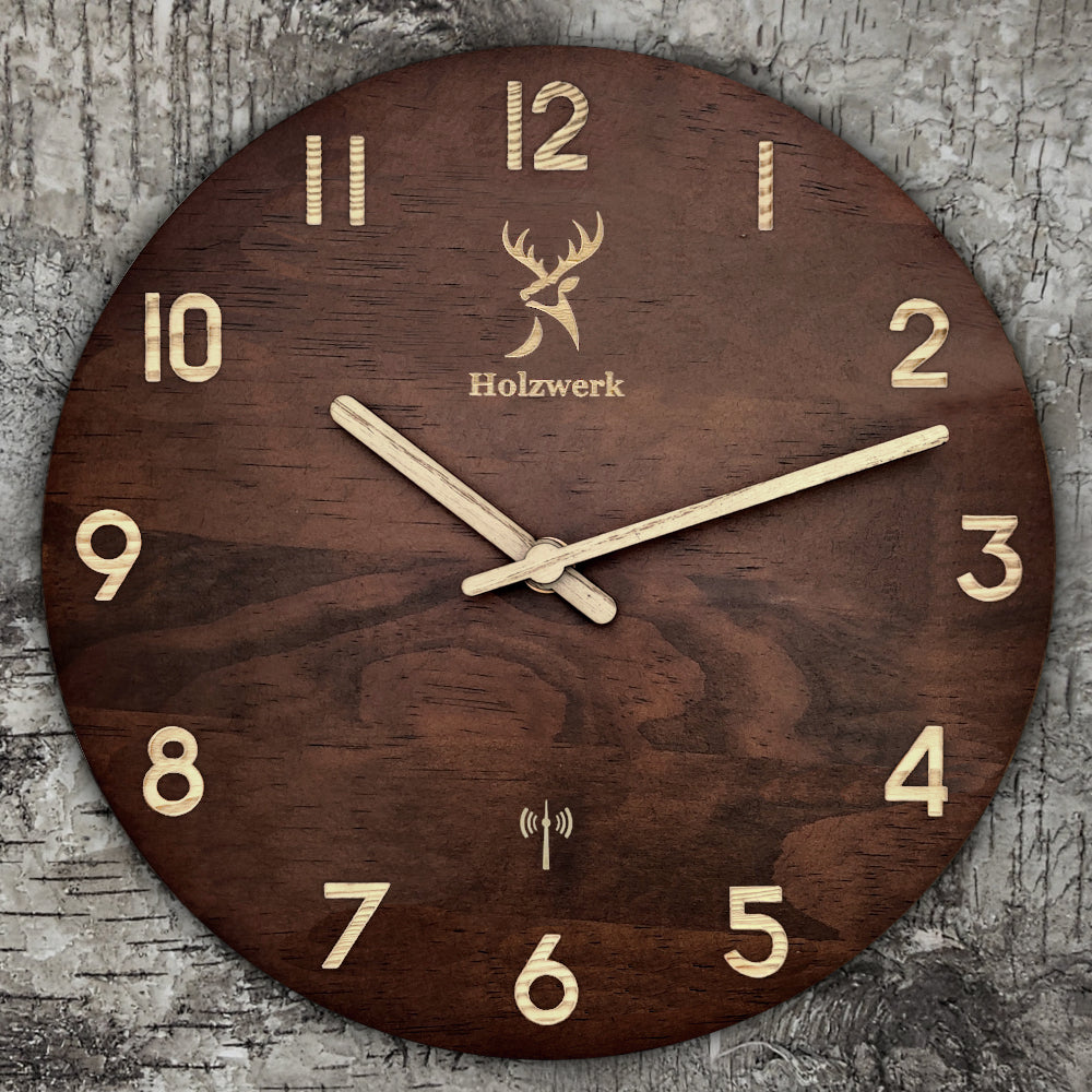 Holzwerk WINTERBERG Holz Funkwanduhr, moderne Designer Quarz Wanduhr, 25 cm Holz Funk Wand Uhr lautlos ohne Tick Geräusche, braun, beige, Hauptbild, von vorne