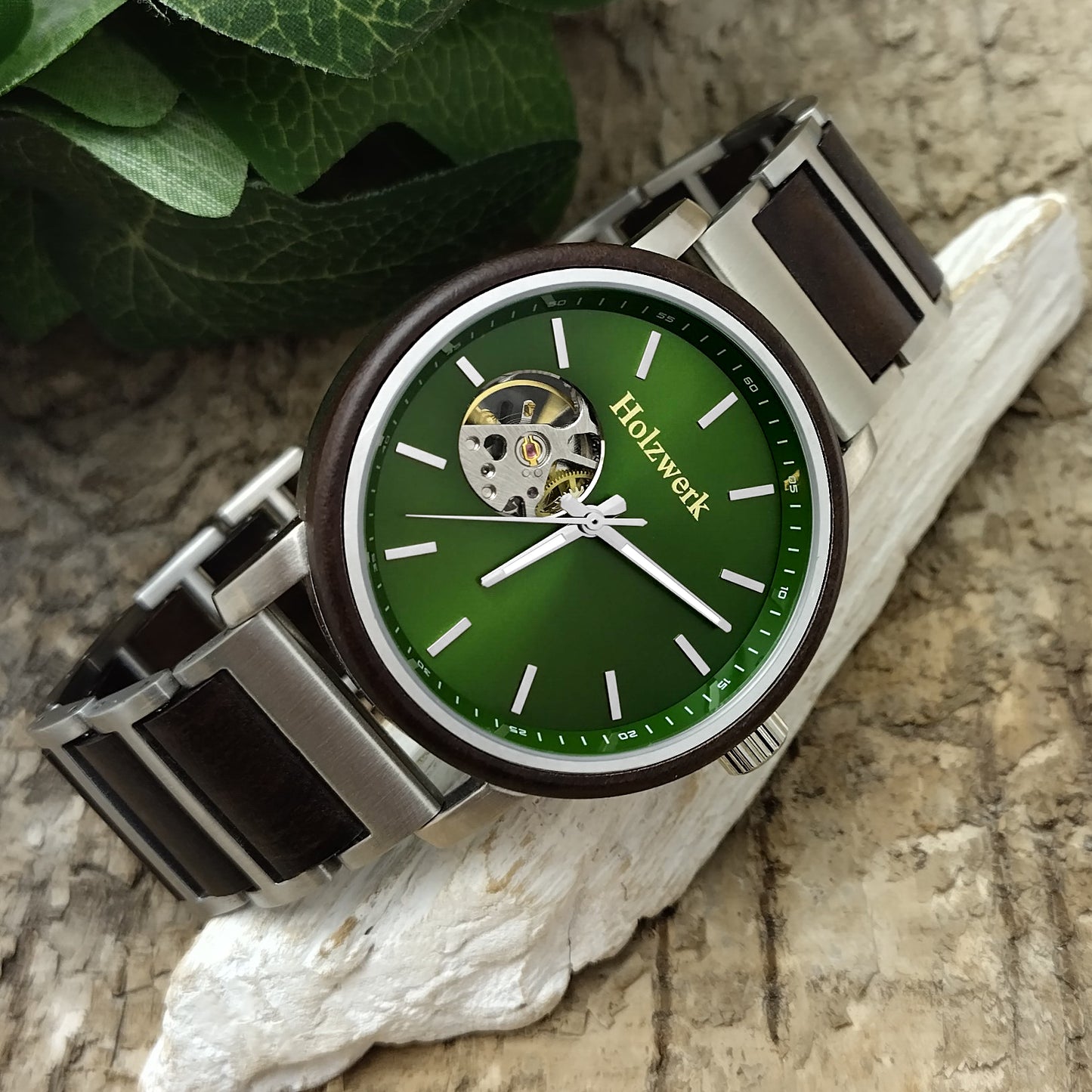 Holzwerk Men's Mechanical Automatic Wooden Watch Silver Brown Green