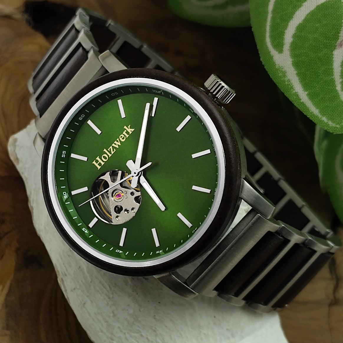 Holzwerk Men's Mechanical Automatic Wooden Watch Silver Brown Green