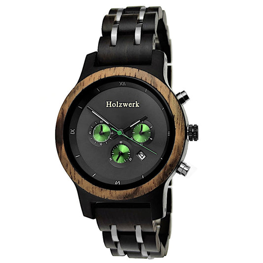 Holzwerk Damen & Herren Chronograph Datum Holzuhr Schwarz Grün Silber - Holzwerk
