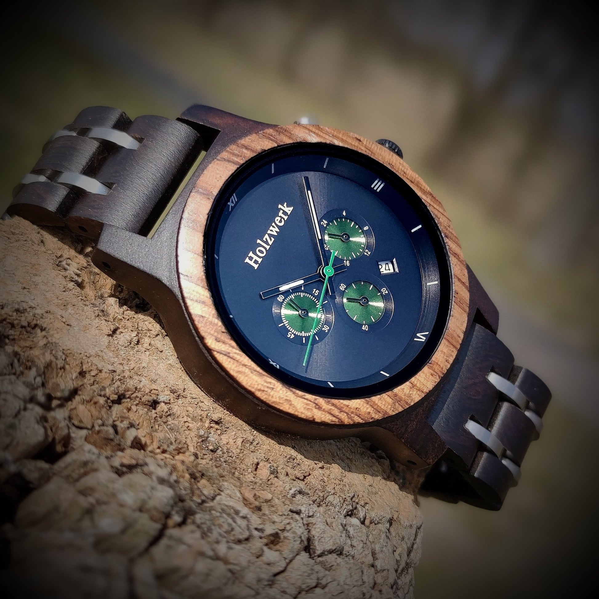 Holzwerk Damen & Herren Chronograph Datum Holzuhr Schwarz Grün Silber - Holzwerk