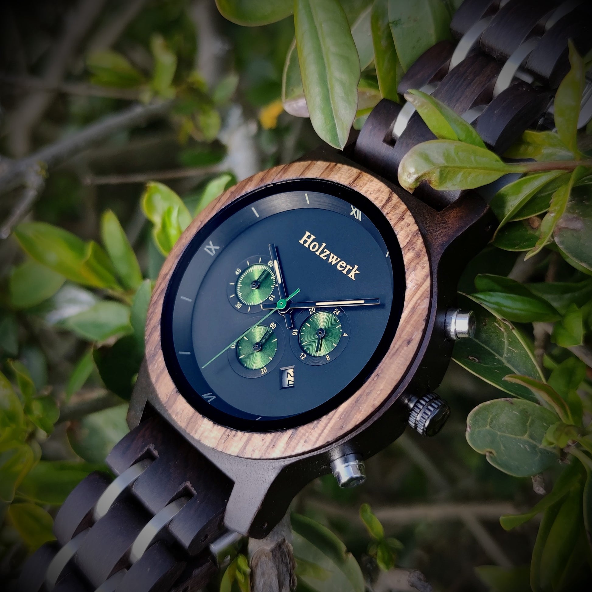 Holzwerk Damen & Herren Chronograph Datum Holzuhr Schwarz Grün Silber - Holzwerk