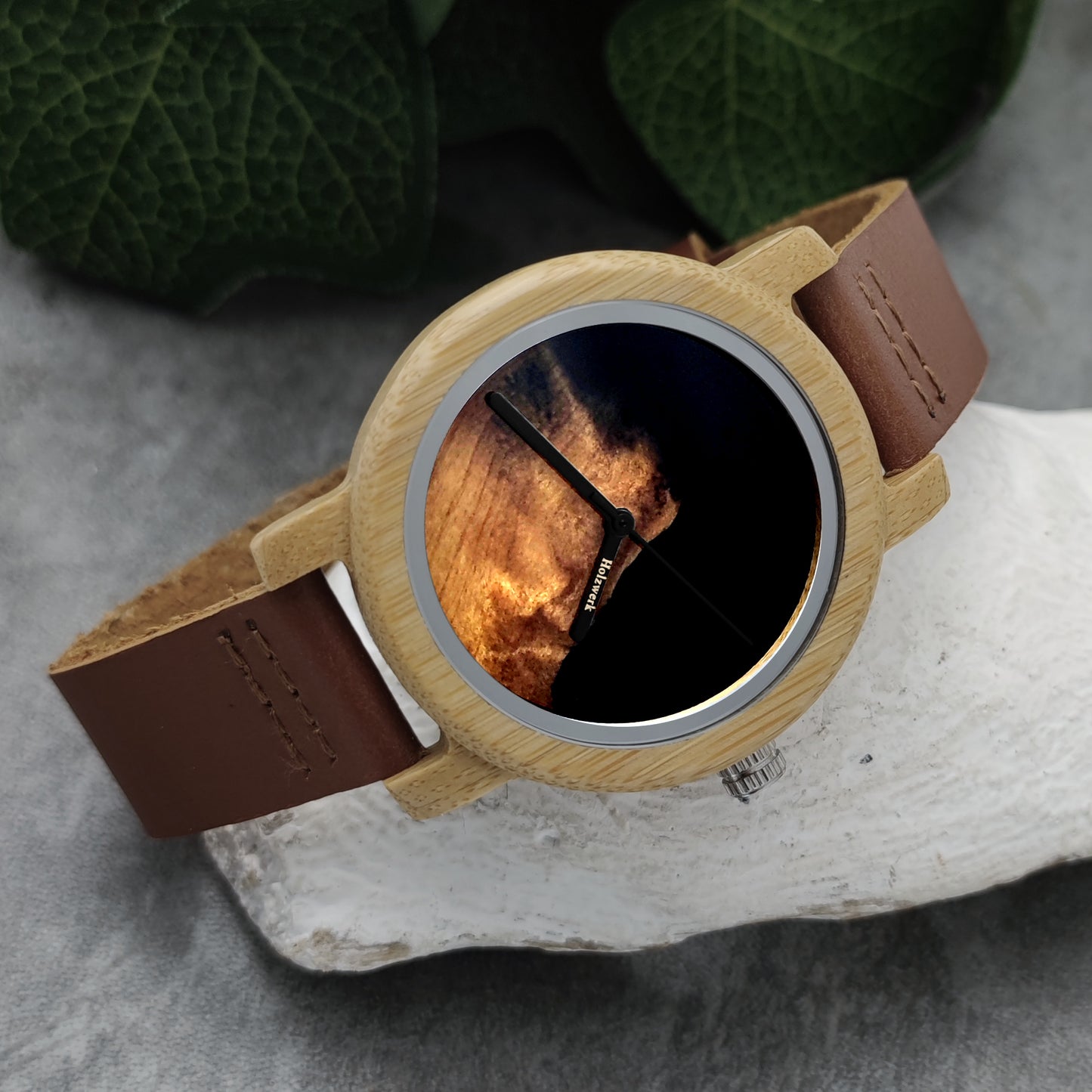 Holzwerk Damen Holzuhr kleine Leder Epoxidharz Armbanduhr Braun Schwarz