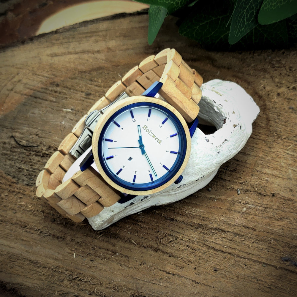 Holzwerk Damen & Herren Holzuhr Holz Armbanduhr Beige Weiß Blau - Holzwerk