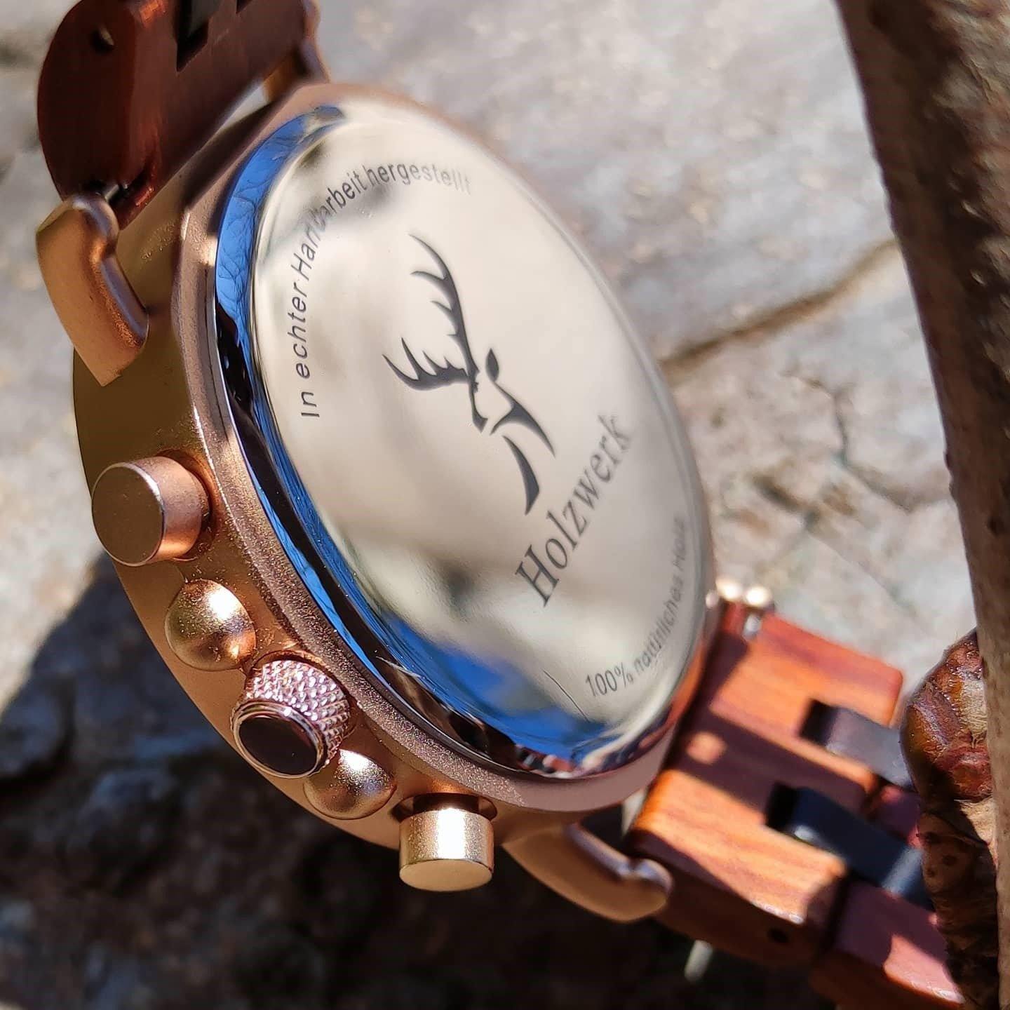 Holzwerk BELGERN Damen, Herren Chronograph Holz & Edelstahl Armband Uhr, Datum, moderne Armbanduhr, Holzuhr, braun, schwarz, rot, rose gold, Gehäuseboden