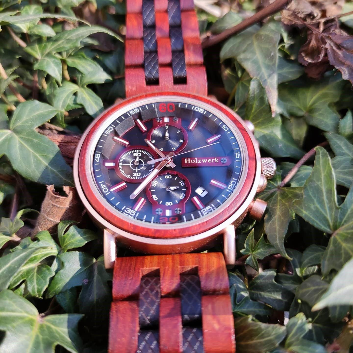 Holzwerk BELGERN Damen, Herren Chronograph Holz & Edelstahl Armband Uhr, Datum, moderne Armbanduhr, Holzuhr, braun, schwarz, rot, rose gold, vorne liegend