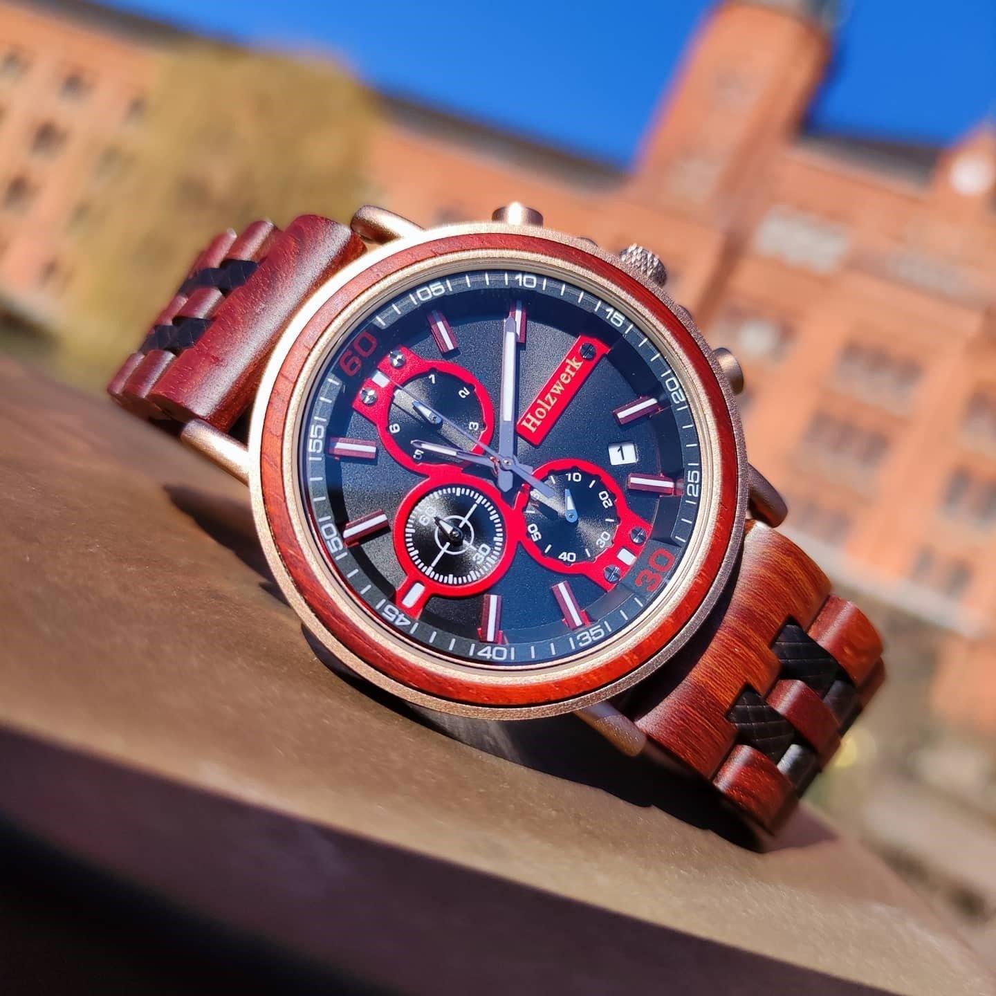 Holzwerk BELGERN Damen, Herren Chronograph Holz & Edelstahl Armband Uhr, Datum, moderne Armbanduhr, Holzuhr, braun, schwarz, rot, rose gold, links liegend