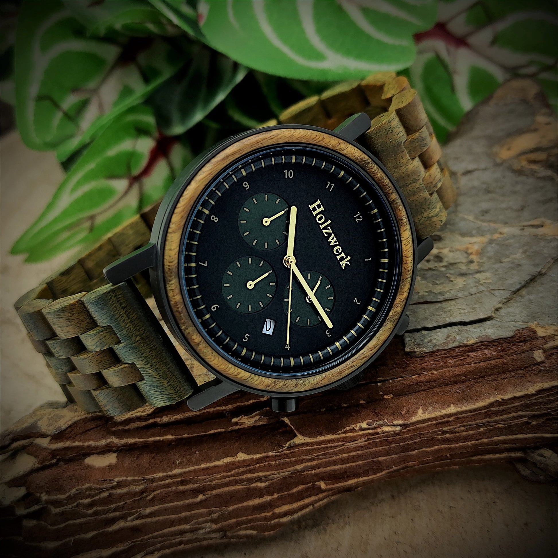 Holzwerk Herren Holzuhr Chronograph Datum Braun Grün Schwarz - Holzwerk