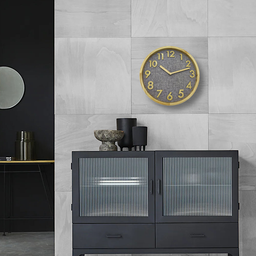 Holzwerk Natur Holz Wanduhr Stoff Textil Leinen Zifferblatt Grau - Holzwerk
