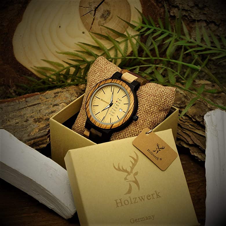 Holzwerk Herrenuhr Matrix Holz Design mit Datum in Braun Beige - Holzwerk