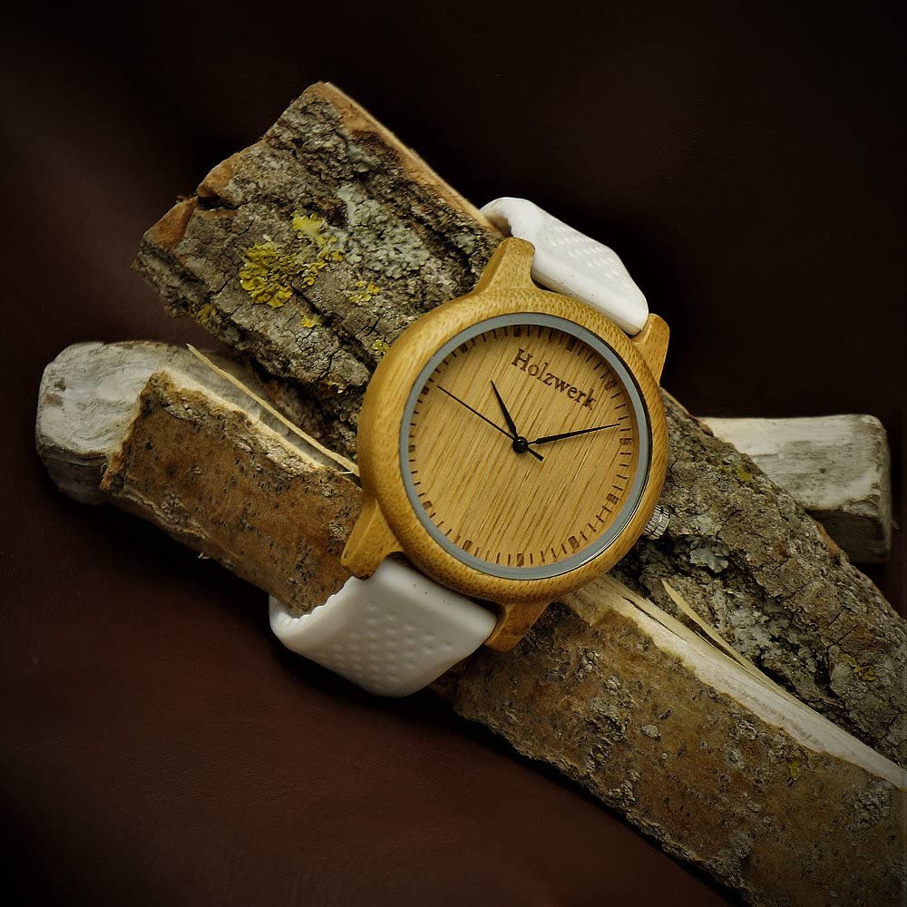 Holzwerk Damen & Herren Holzuhr Holz Silikon Armbanduhr Weiß Beige - Holzwerk
