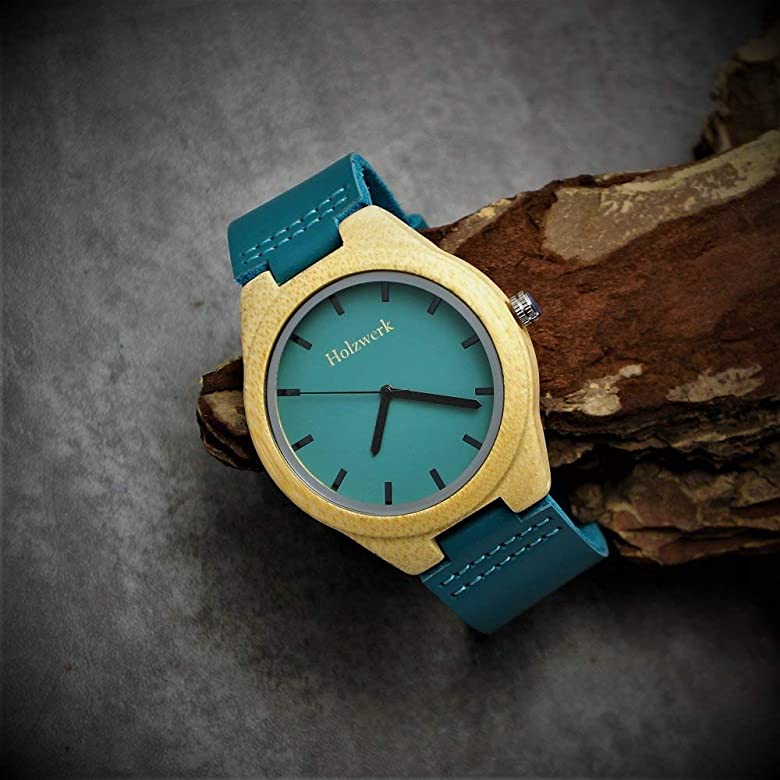 Holzwerk Damen & Herren Designer Holzuhr Holz Leder Uhr Beige Tuerkis - Holzwerk