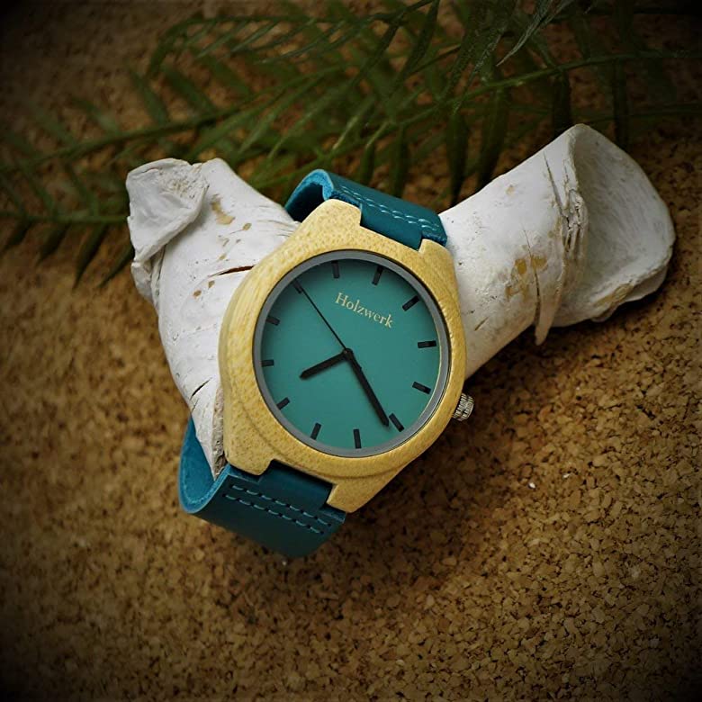 Holzwerk Damen & Herren Designer Holzuhr Holz Leder Uhr Beige Tuerkis - Holzwerk